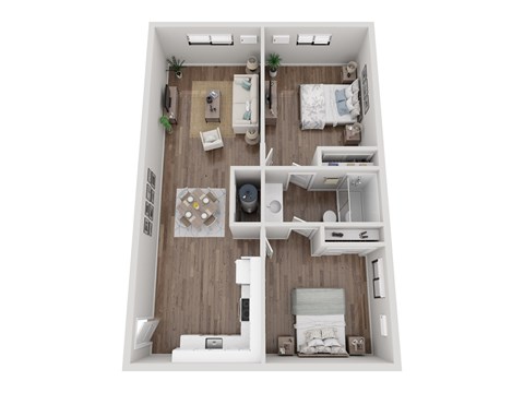 A top-down view of a small apartment with a kitchen, living room, and bedroom.